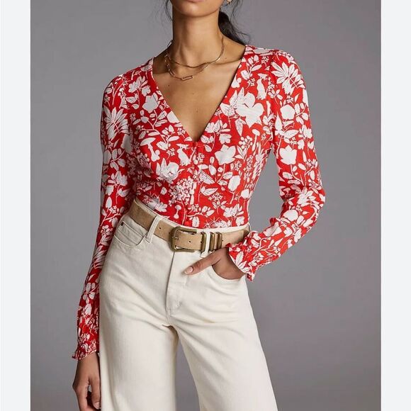 Anthropologie Maeve Seamed V-neck Button-Up Red Floral Top Long Sleeve S - Picture 2 of 10
